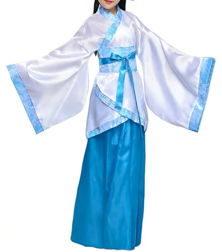 Générique Déguisement Fille, Kimono Enfant, Fille Robe Yukata Geisha Peignoir, Hanfu Costume traditionnel pour ancien chinois Costumes avec jupe midi fille Carnaval Halloween, Bleu, 10-12 ans
