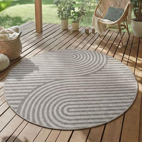 SIMPEX Outdoor Teppich Rund 160 cm Grau Wetterfest UV-beständig Pflegeleicht Skandinavischer Boho Stil für Terrasse Garten Wohnzimmer