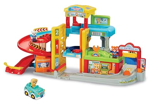 VTech Toot-Toot Drivers Roll & Repair Garage, English | Garage with 3D dog roadster, light-up play, 7 SmartPoints and multiple play areas; connects to all play sets. Ages 1-5