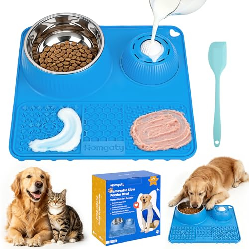 Homgaty Anscarfskål med slickmatta och slickboll hund, 3-i-1 hundskål av rostfritt stål och silikon, anti-sling-skål och läckagematta hund med spatel, BPA-fri (blå)