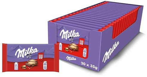 Milka LU Pocket - Mini Tablettes de Chocolat au Lait au Biscuit LU - Format Poche Facile à Emporter - Présentoir de 20 Mini Tablettes (35 g)