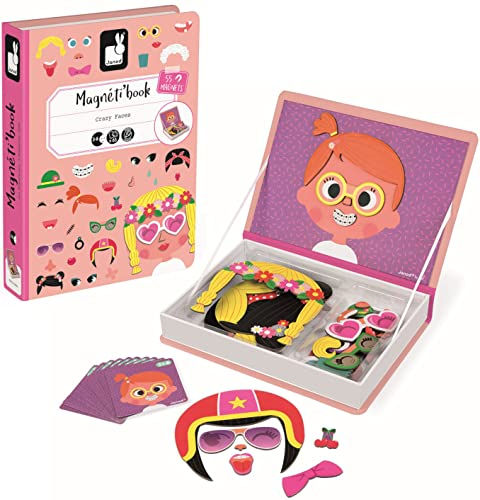 Janod - Magneti'Book Crazy Faces Fille - Jeu Educatif Magnétique 55 Pièces - Dès 3 Ans, J02717, Rose