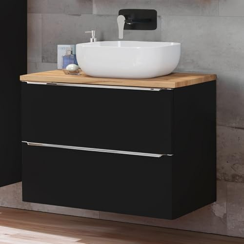Lomadox Badezimmer Waschplatz mit Keramik-Aufsatzwaschbecken seidenmatt anthrazit & Wotaneiche 80cm breit dunkelgrau