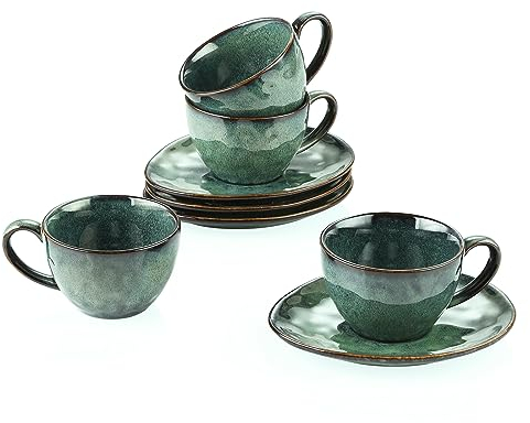 vancasso Starry Set da caffè Servizi da caffè 8 Pezzi con 4 Tazzine 4 Piattini per 4 Persone Servizio di Tazze da caffè in Porcellana Colore Vintage Verde