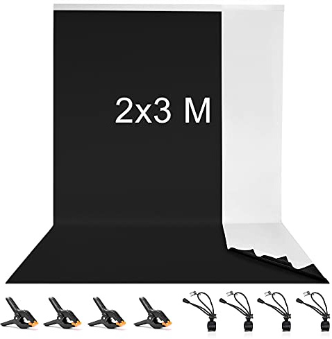 Vevelux 2x3M/7x10FT Black/White Double Sided photo backdrop 100% Polyester | 2 in 1 Black and White Fabric with 4 Spring Clamps & 4 Anti-Wrinkle Backdrop Clips for Portraits Party Studio Photo Shooting