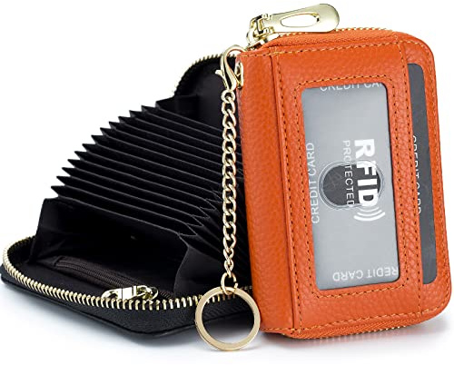 imeetu Card Holder for Women RFID Card Holder Wallet Slim Leather Cardholder Damen with 12 Card Slots, 2 Wide Cash Slots, Keyring & ID Window (Small)