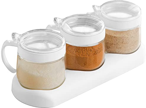 Glass Condiment Spice Jars,12oz/350 ml Condiment Jar Spice Container with Lids and Spoons and Tray,Clear Glass Condiment Canisters,3Pack Seasoning Box Bowl Set for Sugar Pepper,for Kitchen,Counter
