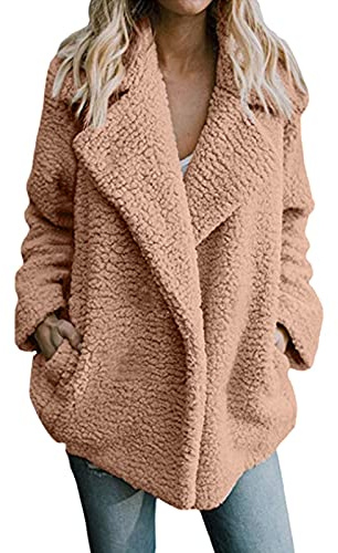 HHMY Teddy Chaqueta de invierno para mujer, corta, parte delantera abierta, manga larga, abrigo de lana sintética, con bolsillos, cárdigan, chaqueta de forro polar, solapa, abrigo, ropa exterior, S