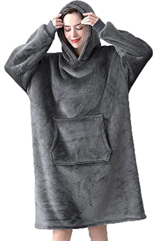 Manta con capucha, manta de forro polar suave de gran tamaño, sudadera con capucha con bolsillo grande, pijama cálido para el hogar para mujeres, hombres, niños (gris), gris, Talla única
