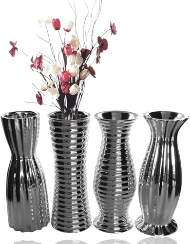 GlasArt 4er Set Keramik-Vase Silber-glänzend edel modern 22cm hoch, Wohnzimmer