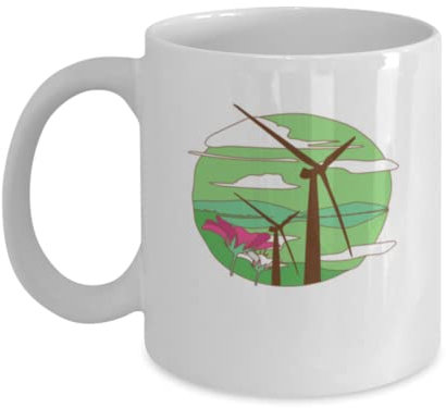 Taza de café divertida molino de viento energía eólica ambiental