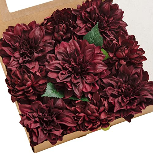 Ling's moment Artificial Flowers 9pcs Silk Dahlia 5.5/4.5 Fake Flowers for DIY Wedding Craft Bouquets Centerpieces Arrangements Party Baby Shower Home Decorations (Burgundy)