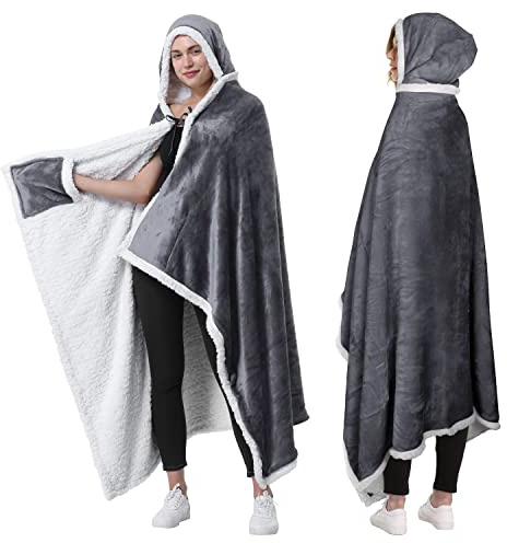 Catalonia Classy Decken-Poncho mit Kapuze | Tragbare Kuscheldecke mit Eingrifftaschen | Bequemer Sherpa-Fleece-Überwurfsumhang für Kinder und Erwachsene