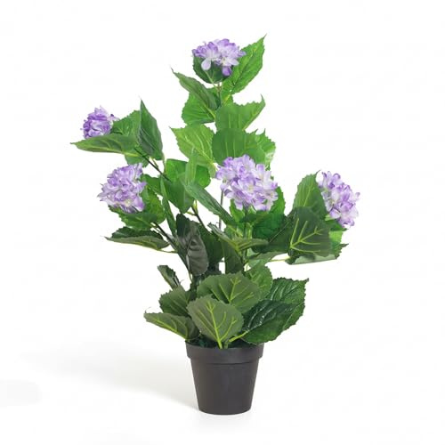 Decovego Künstliche Hortensie, 60 cm hohe Kunstpflanze, Hydrangea in Lila, naturgetreue Kunstblume für Wohn- & Büroräume, pflegeleicht & allergikerfreundlich