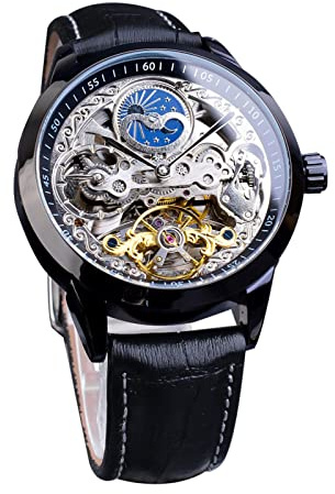 FORSINING Herrklocka Tourbillon månfas automatiskt armbandsur män läder mode företag skelett lyxiga klockor handlindning, Svart