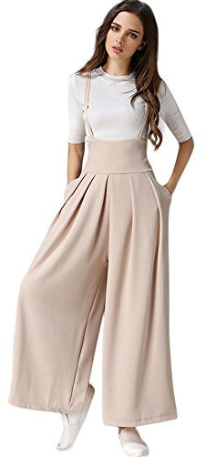 Salopette da donna, pantaloni a vita alta, gamba larga, plissettati, stile casual, con decorazione floreale, beige., S
