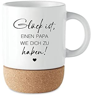 Manufaktur Liebevoll I Papa Tasse Geschenk Kaffeetasse Keramiktasse mit Kork Boden & Deckel Spruch Tasse | Kaffeebecher Geburtstag Vatertag Weihnachten (Glück Papa)