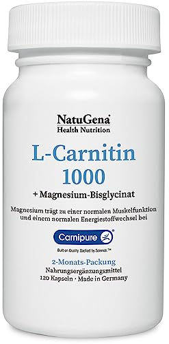 NatuGena L-Carnitin 1000, Carnipure L-Carnitin-Tartrat, Magnesium, 120 Kapseln (2 Monats Packung)