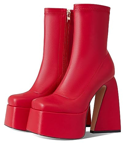 Uacllcau Platform Boots for Women Mid Calf Boots Square Toe Chunky High Heel Boots Side Zipper Ankle Booties, Red, 6.5 UK