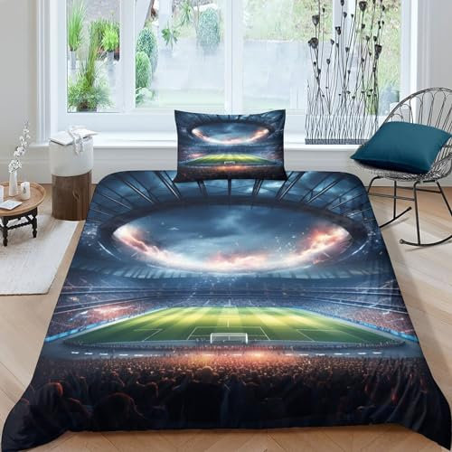 OPSREY Football Field Comfort Cover Aide Au Sommeil Soccer Parure De Lit Microfibre Douce Linge De Lit Respirant Housse De Couette Hygroscopique Literie avec Taies d'oreiller Single（135x200cm）