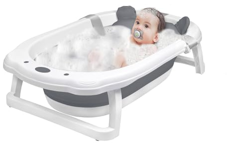 Froadp Vasca da bagno pieghevole per neonati con fori di scarico e poggiapiedi antiscivolo, navicella ergonomica per neonati (antracite, con cuscino)