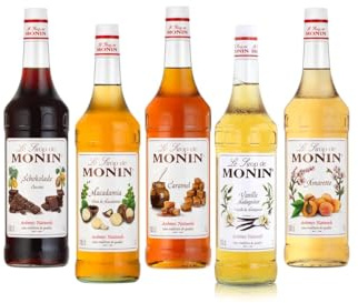 MONIN Kaffee Sirup Probierpaket 5 x 1,0 l | Barista Favoriten mit Vanille, Karamell, Schokolade, Macadamia & Amaretto für Kaffee, Matcha und Latte