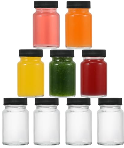 Clear Mini Glass Bottles 60ml (2oz) - 9pcs Wide Mouth Reusable Containers with Lids for Juice, Ginger Shots - Leakproof, Dishwasher and Freezer Safe