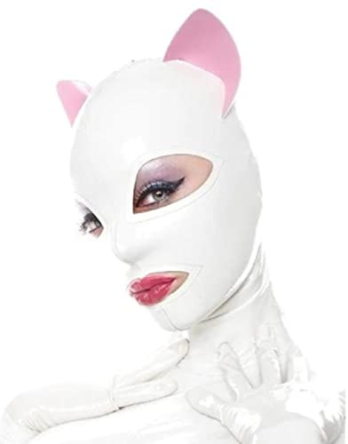 ZOUTYI Sexy Katze Ohr Latex Hauben Cosplay Latex Fetisch Maske Open Mouth Maske Adult Coole Stil Augenmaske Voller Geheimnisse Rollenspielanzüge Kostüme SM Erwachsener Spielsklave,Weiß,XL