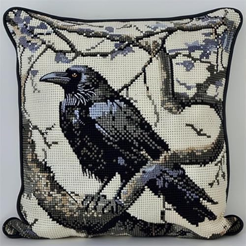 Lfynior Stickset für Kreuzstichkissen Krähe Stickkissen zum Selbersticken 45X45cm Stickpackung Stickset Kreuzstich Kissen zum Basteln Stickkissen Stickpackung mit Vorgedruckt Kreuzstichmotiv