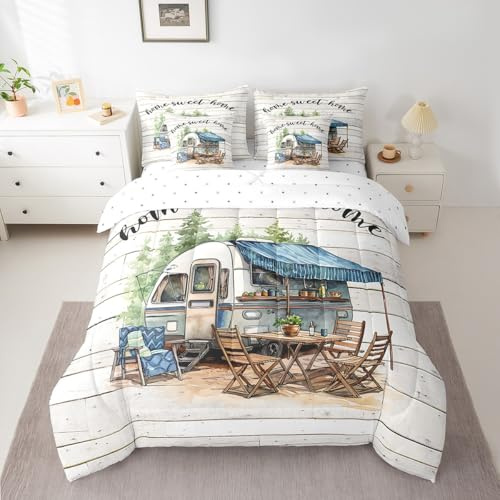 Feelyou Camper Bedding Set Full Size Happy Camping Comforter Set 7 Pieces RV Camping Tree Wood Grain Vinatge Bed in a Bag White Bed Set with Comforter, Sheet Set, Pillowcases