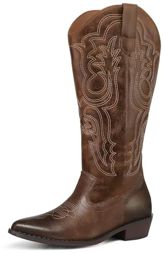 mysoft Women's Wide Calf Cowboy Boots Pull on Cowgirl Embroidered Mid Calf Pointed Toe Chunky Heel Western Boots