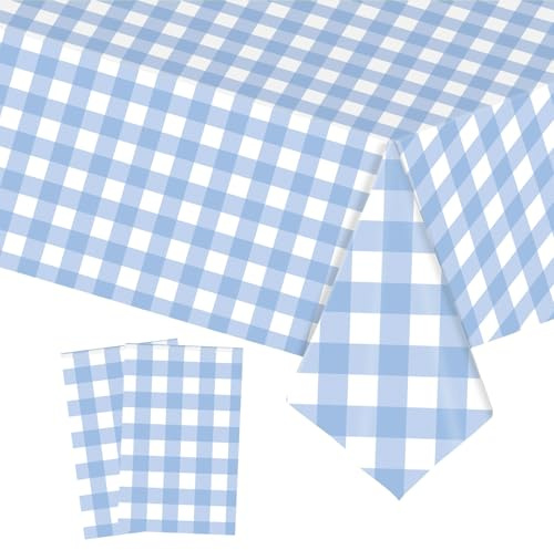 2 tovaglie a quadretti blu e bianche per feste, 137 x 274 cm, in plastica, facili da pulire, in PVC, rettangolari, impermeabili, per compleanni, picnic, auto da corsa, feste