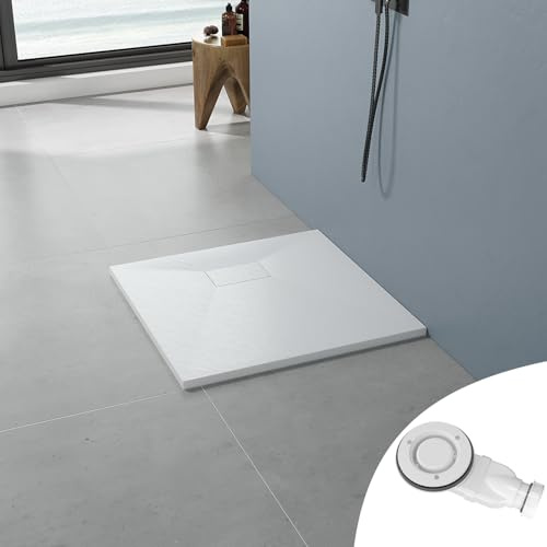 AQUABATOS SMC Duschwanne 90x90 cm 32 mm Weiß Eckig Quadratisch Duschtasse Rutschfest Bodengleich Ebenerdig Montage Steinoptik Schieferoptik Superflach mit Abdeckung Siphon/Ablaufgarnitur
