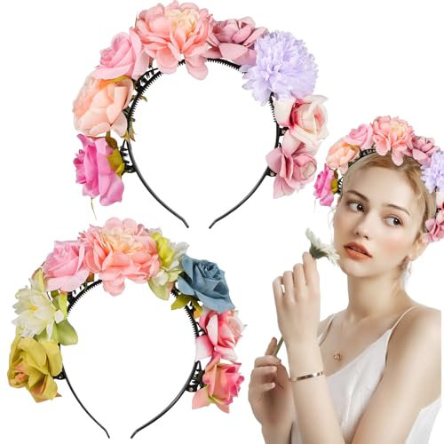 YPLonon Serre-tête Fleurs Artificielles Couronne de Fleurs Boheme pour Femme Guirlande Fleur Accessoire Cheveux pour Mariage, Festivals, Photographie, Cosplay, Lot de 2