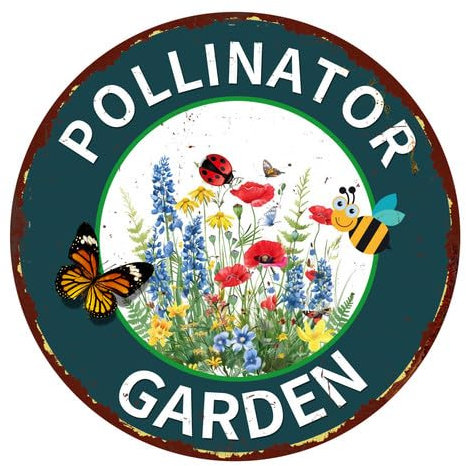 Bestäuberfreundliches Gartenschild für Bienen, Schmetterlinge und Marienkäfer, Bestäuber-Hofschild – 30 x 30 cm, kreisförmiges Metallschild für heimische Pflanzenbereiche, Bauernhof, Hinterhof