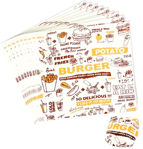 Greaseproof Paper Sheets 28 x 29.5cm, Burger Papier, 100 Sheets Food Wrapping Paper Food Basket Liners for Burgers, Sandwiches, Fries,Cakes