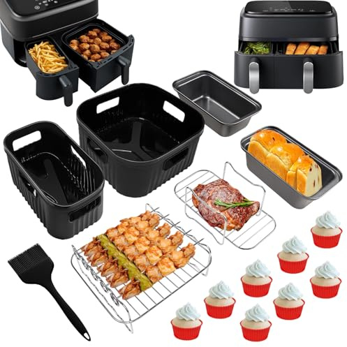 Yingrace Airfryer tillbehör för Philips Airfryer Dual Basket 3000-serien NA350, 5000-serien NA550, 8 st med silikonform grillgaller brödplåt muffinsform istället för bakpapper för varmluftsfritös