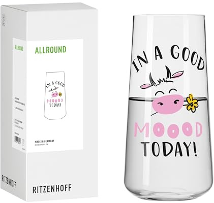 RITZENHOFF 8181003 Universalglas 600 ml - Serie Farm - Trinkglas Nr. 3 mit Kuh-Motiv, Spruch - bunt - Made in Germany