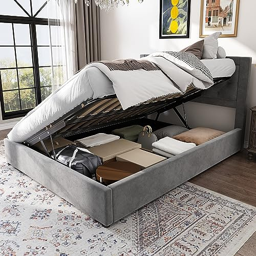Polsterbett Doppelbett 140x200, Bett 140x200 Mit Bettkasten, Jugendbett mit Lattenrost aus Holz, Stauraumbett Mit Stauraum und Kopfteil, Hydraulisch Bettgestell aus Stahlrahmen Samt Ohne Matratze