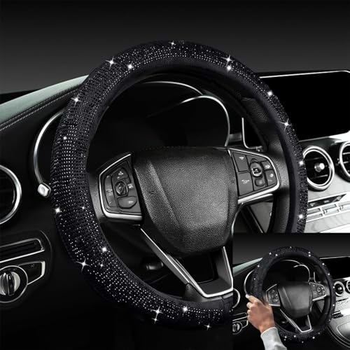 VOSSOT Coprivolante per Auto, Nero Universale Traspirante e Antiscivolo Coprivolante con Diamanti Scintillanti Adatto per 36-38 cm, Volante Auto per la Maggior Parte Delle Automobili