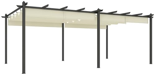 Outsunny Pergola Jardin Exterieur Aluminium Coulissante 3,6x6m Beige | Rétractable, pour Terrasse, Toile Polyester