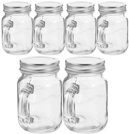 Healifty 4 OZ Mason Jar with Lid: 6pcs Drinking Glasses Cups with Handle - Regular Mouth Drinking Jars for Drinks Canning Preserving Meal Prep