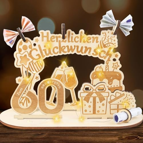 60 Geburtstag Mann Frau, Geldgeschenke Geburtstag Holz mit LED Lichterkette, Holzschild Gästebuch Geschenk zum 60 Hochzeitstag