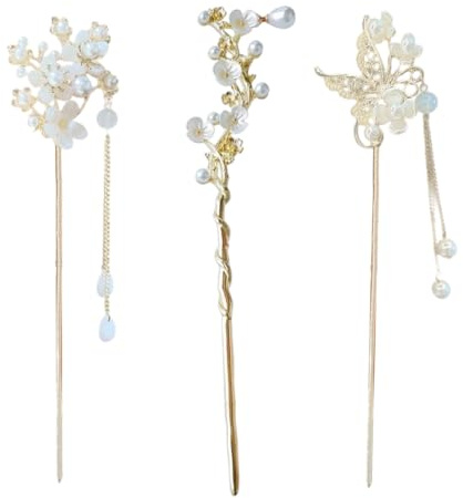 OUDQFCJ 3 Stück Vintage Blumen Haarschmuck Perlen Haarstab Holz Chinesische Haarnadel Blume Haarstock für Mädchen Frauen Haar Zubehör