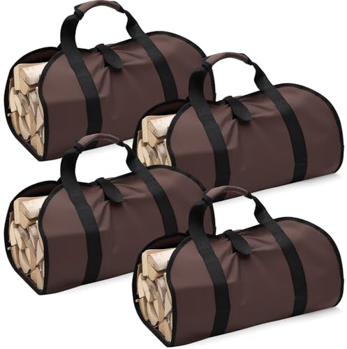 Clysee 4 Pcs Canvas Firewood Bags with Handles, Canvas Waxed Large Firewood Log Tote Indoor Carrying Bag Wood Storage Carrier for Fireplace Cabin Camping Outdoor, Dark Brown