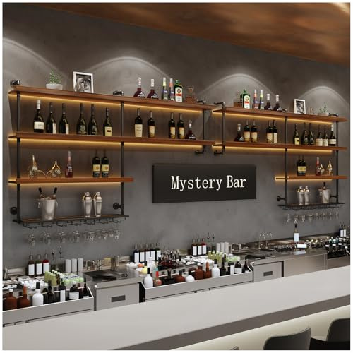 Estante almacenamiento de vino de gran capacidad montado pared con luz LED,Botelleros Pared con portavasos,estantes flotantes 4 niveles para botellas de licor, para El hogar Restaurante Bar (260cm)