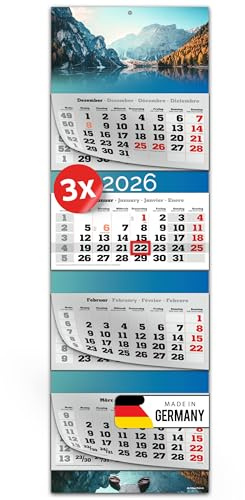 PRIMUS PRINT XXL Kalender 2026 - Mehrblock Wandkalender - 4-Monatskalender - mit Datum Schieber, Kalender zum Aufhängen - inklusive Feiertagen & Ferien - verschiedene Motive - [ 3x Pragser Wildsee ]