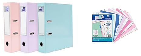 Oxford Ordner A4, pastell, 8 cm breit, Kunststoff, 3 Farben, 3 Stück mit Oxford Strongline DIN A4 Register aus Kunststoff, 5-teilig, Pastell-Farben, blickdicht, für A4 Ordner mit 2 oder 4 Ringen