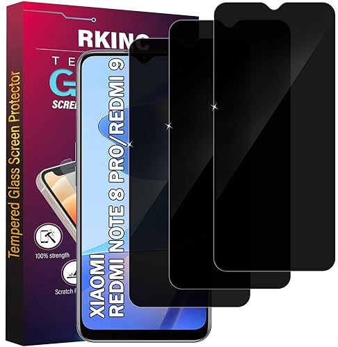 RKINC Protector pantalla privacidad para Xiaomi Redmi Note 8 Pro, Redmi 9, [3 Piezas] Cristal templado película de vidrio, Ángulo de privacidad mejorado, Dureza 9H, Sin Burbujas