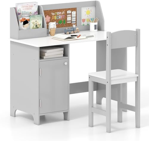 COSTWAY Set Scrivania e Sedia per Bambini per Studio e Lettura, Grigio